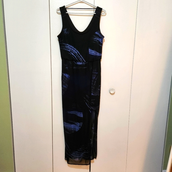 NWT Black and blue maxi dress with sheer top layer and side slit. Built in slip. - Picture 1 of 9